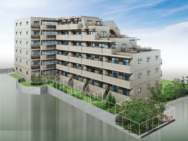 Shared facilities.  [Exterior - Rendering] To keynote the natural beige feel calm, Neat appearance design featuring a green stripe. Nicely familiar with the surrounding scenery, While directing the peace and warmth emits a presence befitting in this town.