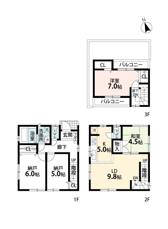 Floor plan. (Building 2), Price 50,800,000 yen, 2LDK+2S, Land area 84.29 sq m , Building area 90.68 sq m