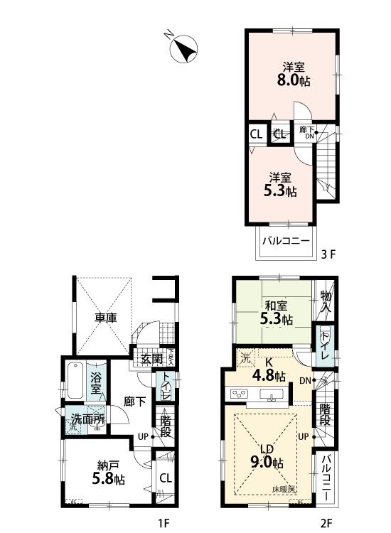Floor plan. (3 Building), Price 54,800,000 yen, 3LDK+S, Land area 66.1 sq m , Building area 95.97 sq m