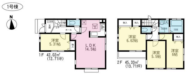Floor plan. (1 Building), Price 39,800,000 yen, 4LDK, Land area 75.64 sq m , Building area 87.35 sq m