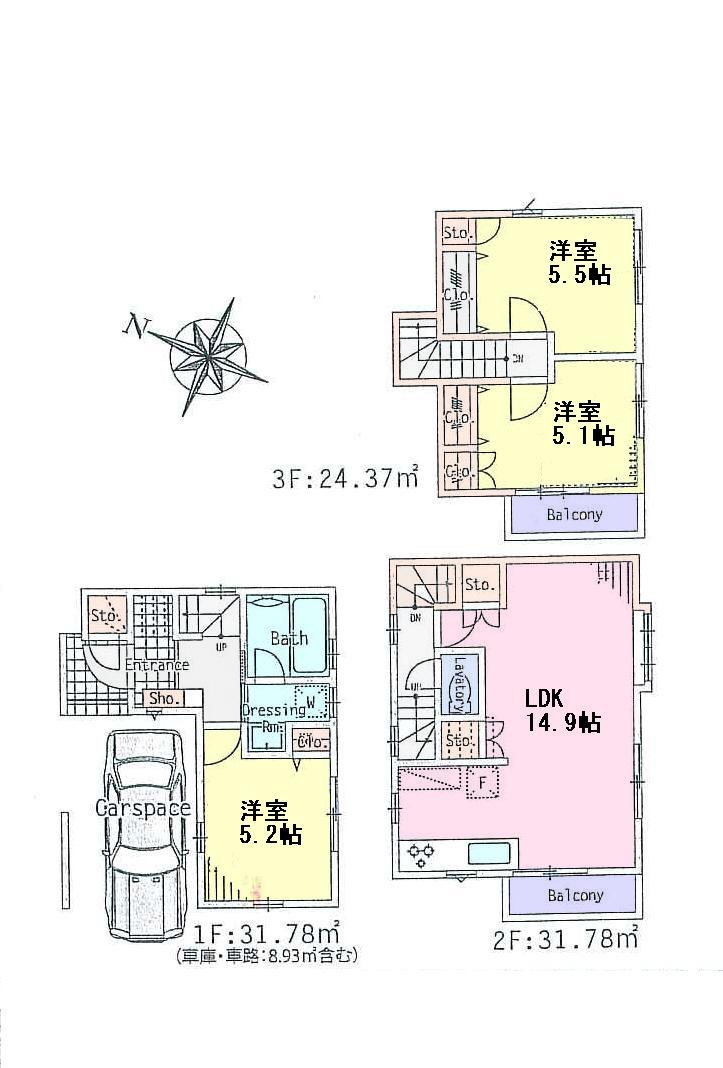 Floor plan. (3 Building), Price 37,800,000 yen, 3LDK, Land area 53.13 sq m , Building area 87.93 sq m