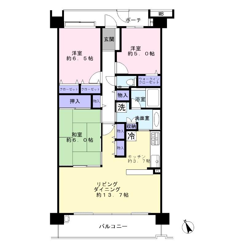 Floor plan. 3LDK, Price 37,800,000 yen, Occupied area 80.46 sq m , Balcony area 13.2 sq m