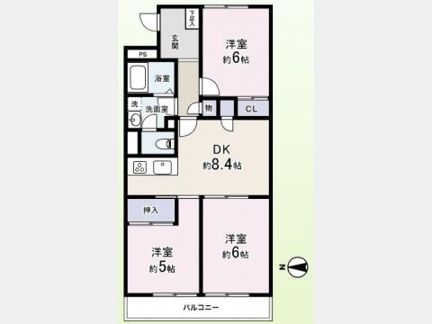 Floor plan. 3DK, Price 18,800,000 yen, Occupied area 61.46 sq m , Balcony area 5.06 sq m