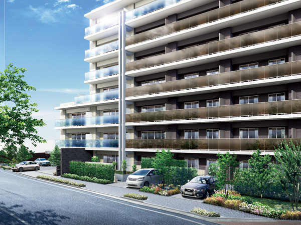 Buildings and facilities. Balconies, Adopt a grid design of the two-color glass panel of. Design pillar type of Marion was aware of the flow of the longitudinal extending into the blue sky. Appearance that can enjoy a feeling of open and positive per. (Exterior view)