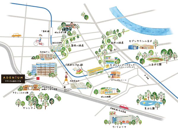 Surrounding environment. 9-minute walk in the flat approach from the train station. Enhance the lifestyle convenience facilities to route to the local. Happy family to everyone within a 10-minute walk to the "shopping", "education", "child-rearing" facilities dotted. I also want to focus on the goodness of the living environment. (Rich conceptual diagram)