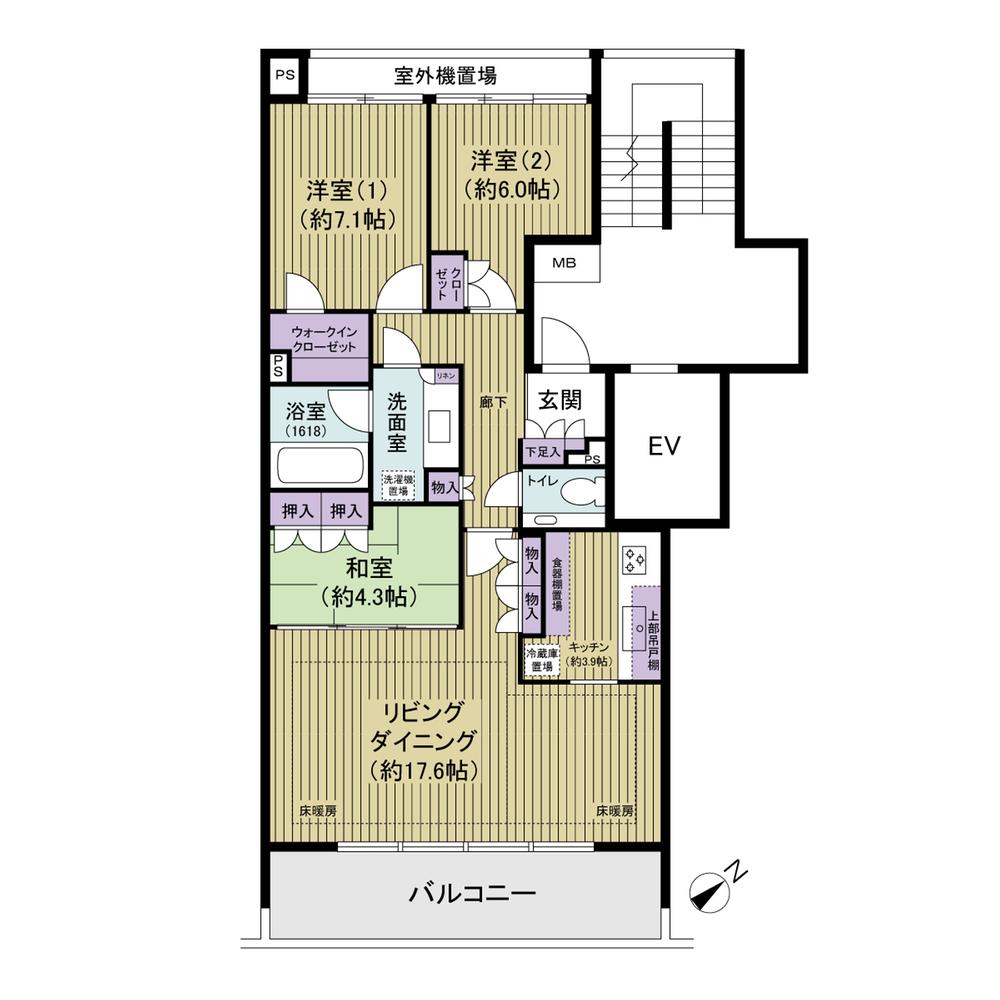 Floor plan. 3LDK, Price 56,800,000 yen, Occupied area 87.47 sq m , Balcony area 12.13 sq m
