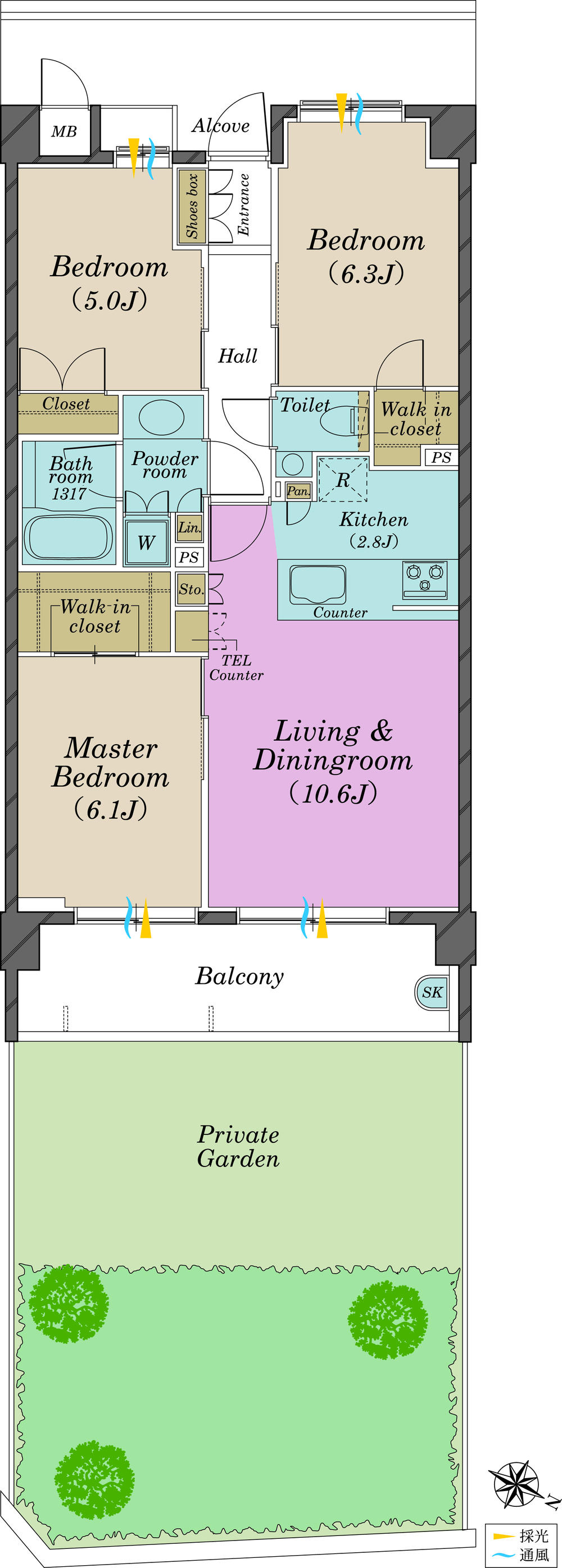 Floor plan. 3LDK, Price 31 million yen, Occupied area 68.93 sq m , Balcony area 10.08 sq m 68.93 sq m 3LDK LD: 10.6 Pledge, K: 2.8 Pledge, Western-style: 6.3 Pledge, 6.1 Pledge, 5 Pledge, Balcony: 10.08 sq m , Proprietary garden: 46.08 sq m , Bus: 1317 size