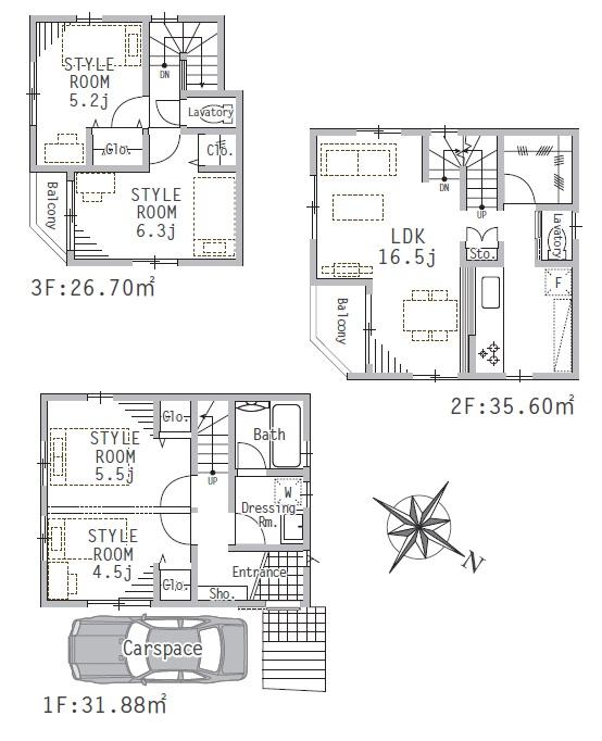 Floor plan. (3 Building), Price 44,900,000 yen, 4LDK, Land area 60.81 sq m , Building area 94.18 sq m