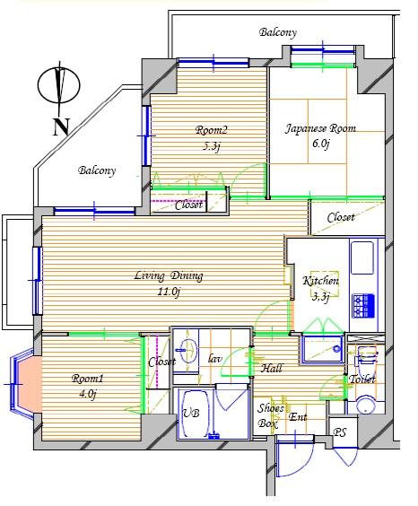 Floor plan. 3LDK, Price 26,900,000 yen, Occupied area 65.67 sq m , Balcony area 12.55 sq m