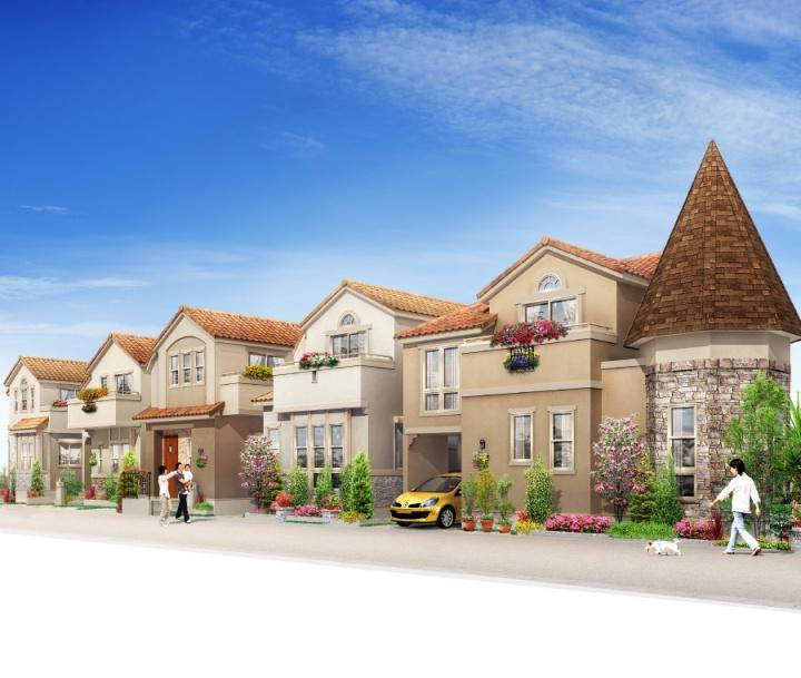 Rendering (appearance). Town of southern France-style appearance of the entire mansion 2-story × 9 House