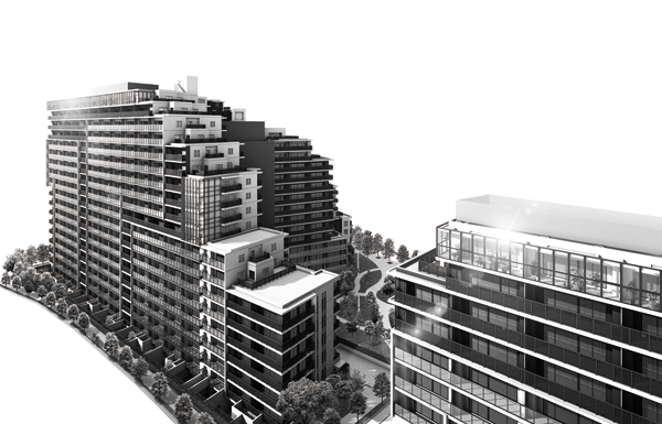 Buildings and facilities. The total development area by Sumitomo Realty & Development × Obayashi 16000 sq m more than "large-scale environment creative project" all 621 House. Open space of about 64%, Place the vast open space of approximately 4800 sq m. About 1000 also in the trees and seasonal flowers of color will bring moisture and comfort. Store on site ・ Attract scheduled to nursery. Residence form of glass sparkling in the sky has been iconic sophistication. (Exterior Illustration)