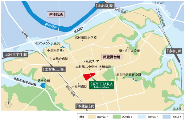 Surrounding environment. Local is JR "Ikebukuro" station about 5km zone. While downtown proximity, We alive worthy calm environment in residential area. While remaining stable consisting of Kanto loam layer, which is said to ground Musashino Plateau of the hill (elevation about 22m), Flat approach until the nearest station "Sakagami Shimura". There is no up and down the hill, So also it is in place sidewalk, When the stroller use also safe (upland conceptual diagram) ※ Upland conceptual diagram of the web is, Some road ・ An excerpt of the facilities have been notation.  ※ Source: GSI than precise foundation elevation map (2013.10 currently)
