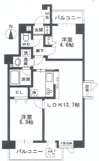 Floor plan. 2LDK, Price 27,800,000 yen, Occupied area 54.31 sq m , Balcony area 9.27 sq m