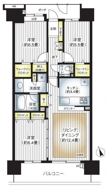 Floor plan. 3LDK, Price 37.5 million yen, Occupied area 80.46 sq m , Balcony area 13.2 sq m