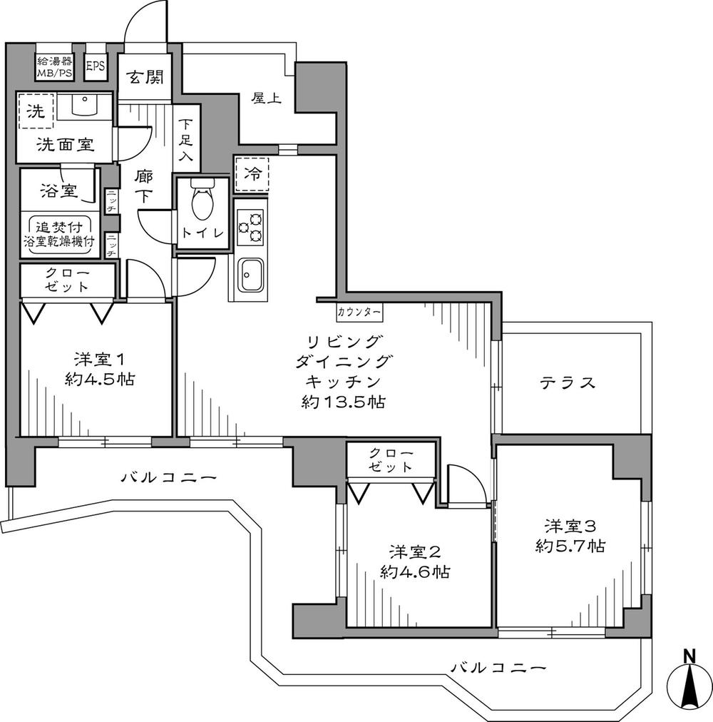 Floor plan. 3LDK, Price 27,800,000 yen, Occupied area 62.54 sq m , Balcony area 16.13 sq m