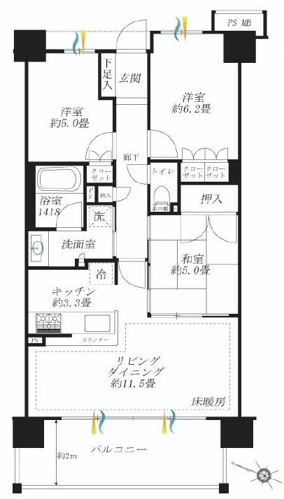 Floor plan. 3LDK, Price 37,900,000 yen, Occupied area 68.84 sq m , Balcony area 12.25 sq m