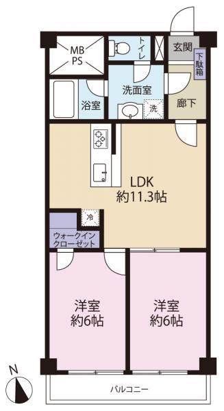 Floor plan. 2LDK, Price 15.5 million yen, Footprint 55 sq m , Balcony area 5.22 sq m