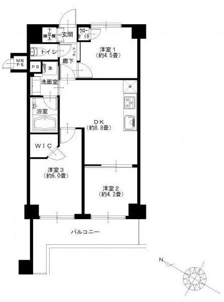 Floor plan. 3DK, Price 27,900,000 yen, Occupied area 51.12 sq m , Balcony area 8.33 sq m