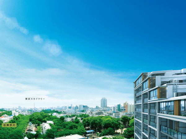 Features of the building.  [View from the local 12th floor equivalent] Because of the high there is no building, such as the high-rise tower in the surrounding area, Open-minded view has spread.  ※ In fact a slightly different is by combining the appearance Rendering to view photos of the August 2012 shooting.  ※ View, etc. rank ・ It varies by each dwelling unit, Surrounding environment ・ View might change in the future.  ※ Rendering of the web is one that caused draw based on the drawings of the planning stage, In fact a slightly different.