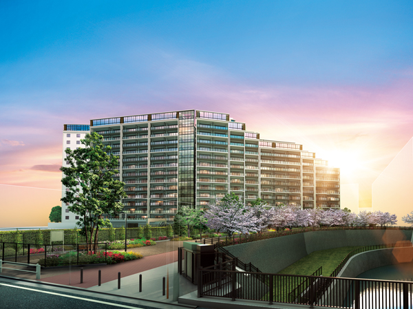 Shared facilities.  [Presence to talk about Koga beauty] The same properties that glass that decorate the skyline shine to light. When bathed in sunset figure stain "Akane" will produce an impressive landscape. Glass curtain wall, which was adopted in part of the building reflects the green of the surrounding landscape, Foster a deep look to the streets. Sophisticated courtly design to claim the presence (Exterior - Rendering ※ It is easy to understand as the status of buildings and the like, Have been drawn in perspective the road signs, etc.)