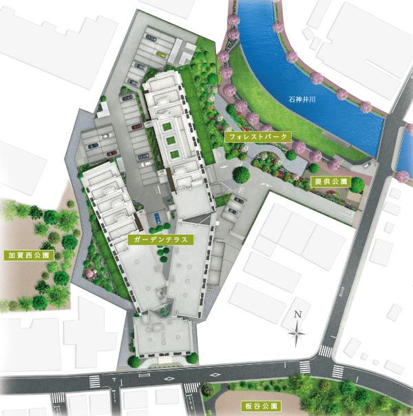 Shared facilities.  [Realize the open area ratio of about 62%] The property is, Site area of ​​approximately 9300 sq m , Realize about 62% of the room open space rate a distribution building plan. Has 4 buildings is designed as appearance in harmony of one, Planting plan arranged the green as Komu Pull the landscape of Shakujii will color the outside structure. (Site layout)