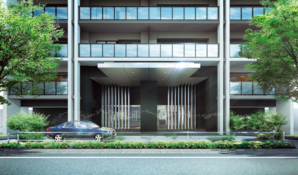 Shared facilities.  [Guise of Yingbin that symbolizes the pride] It was entrusted to the same property of the entrance, Space to welcome proud to live better and visit people. Beautiful horizontal line a carefree with large eaves draw becomes a bold accent, Fused to the fine detail of the decorative columns and louvers to block casually coming and going people of the line of sight has produced a unified sense of noble entrance. (Entrance Rendering)