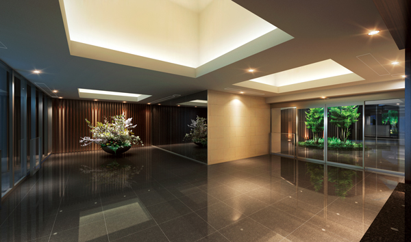 Shared facilities.  [Entrance hall] Entrance Hall is focused on elegant space design, Adopted Oriage ceiling. It drifts sense of quality to meet the rich sensibility. Selecting the material to meet with it also the walls and floor of the material. further, Subjected to the louver and indirect lighting, Emphasize the stylish atmosphere. Elevator hall and garden terrace which arranged the nature of the green as objects is, You have to create a space of peace begin spinning when rich. (Rendering)