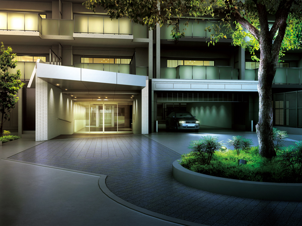 Shared facilities.  [Sub Entrance] In the parking lot entrance of the property is, Installing an electric shutter gate. It suppresses the suspicious person from entering from the outside, etc., Enhance the safety and crime prevention, Protect your precious car. Open the shutter gate with a dedicated remote control, Since it closes automatically, You can enter and exit smoothly without getting off from the car. (Rendering) ※ Mechanical parking in the vicinity of the sub-entrance ・ Except for disabled parking