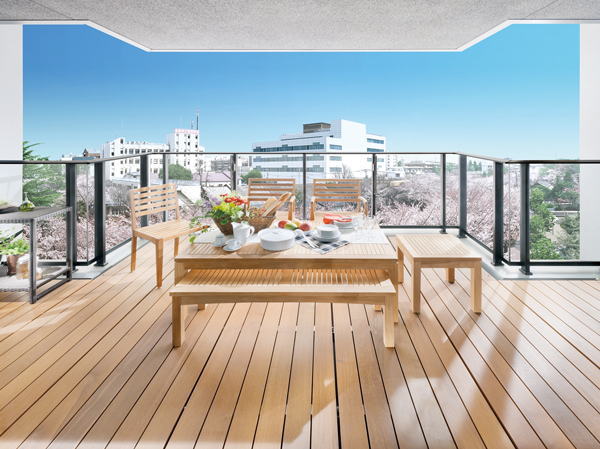 Room and equipment. Balcony, The maximum depth of about 1.6m ~ Spacious space of about 2m. Is a small living room of the outdoor feeling to be felt in the five senses the nature of light and wind. further, In front of the residential building of some residential units overlooking the Shakujii it will spread cherry and fresh green, etc. to compete for glossy.  ※ Model Room IV-A'1-1 type ※ CG synthesized view photos from the local fifth floor equivalent (2012.4 shooting) ・ We have processed, In fact a slightly different.