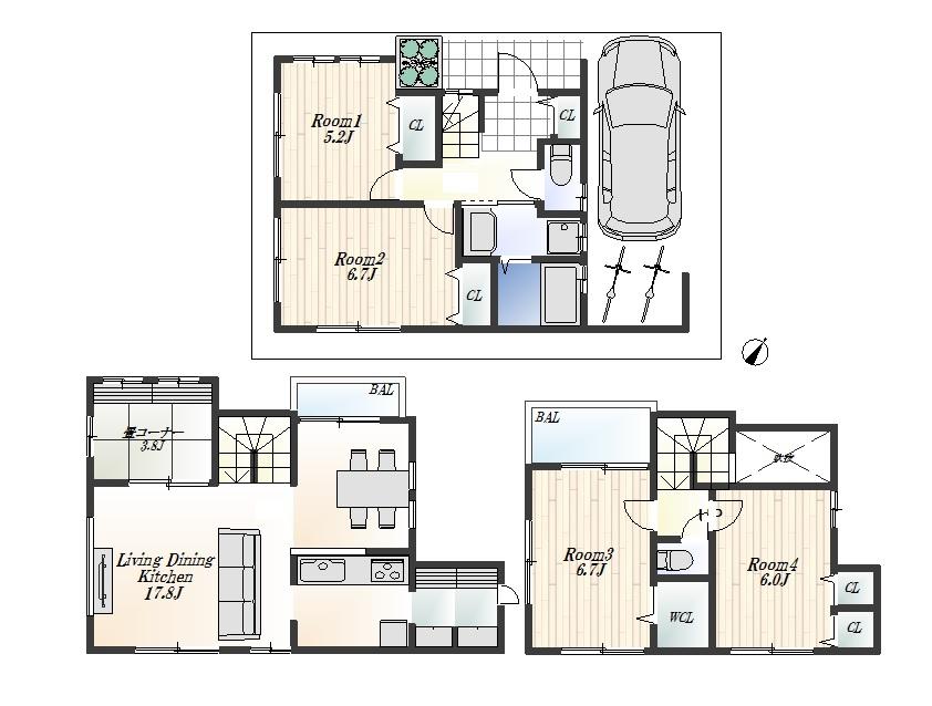 Floor plan. 53,800,000 yen, 3LDK + S (storeroom), Land area 74.41 sq m , Building area 110.43 sq m 4LDK + P