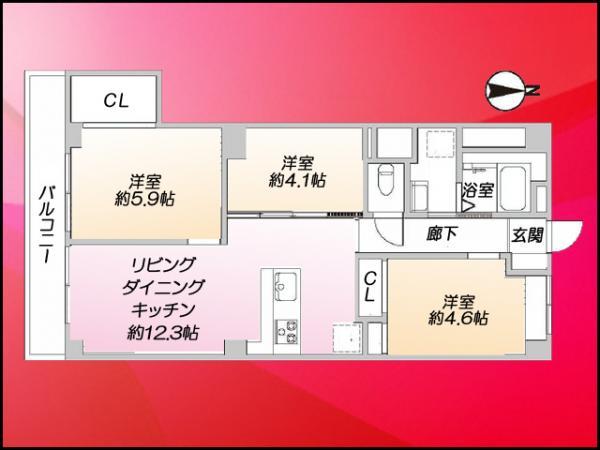 3LDK, Price 21,880,000 yen, Occupied area 61.32 sq m , Balcony area 6.01 sq m