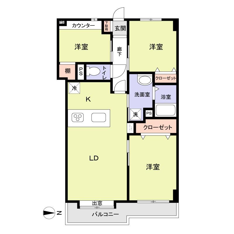 Floor plan. 3LDK, Price 24,800,000 yen, Footprint 62.8 sq m , Balcony area 7.45 sq m