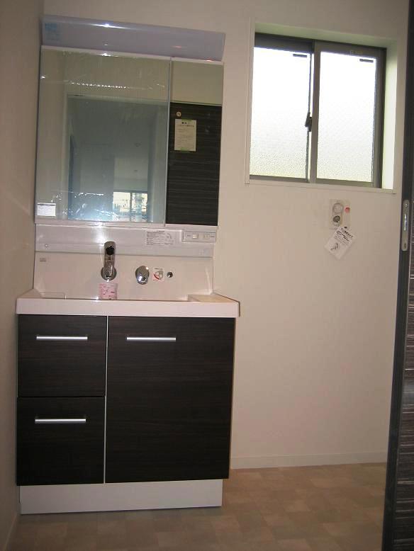 Wash basin, toilet. Vanity with shower