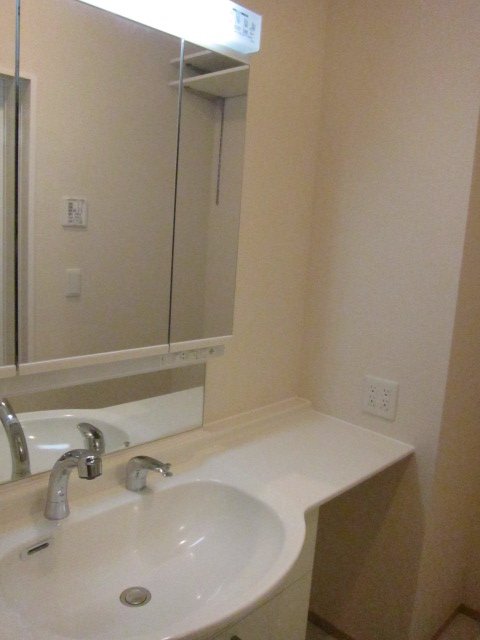Washroom. Large vanity mirror one side tension