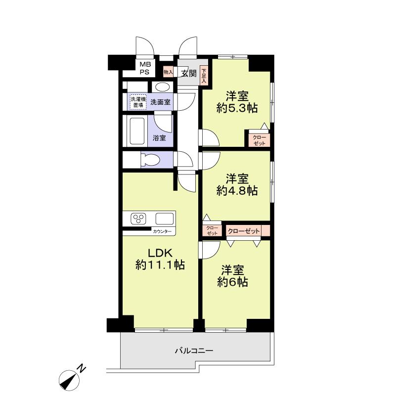 Floor plan. 3LDK, Price 26,900,000 yen, Occupied area 60.32 sq m , Balcony area 7.56 sq m