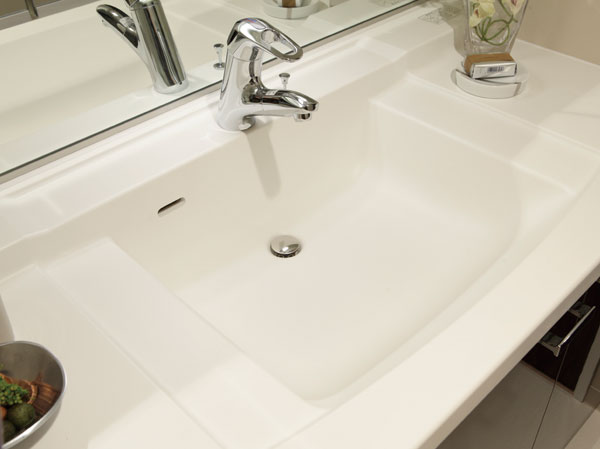 Bathing-wash room.  [Artificial marble basin bowl] Counter and bowl in the integrally molded with no easy seam of care, Beautiful luster artificial marble. A bowl of linear square form, It will produce the urban basin space.