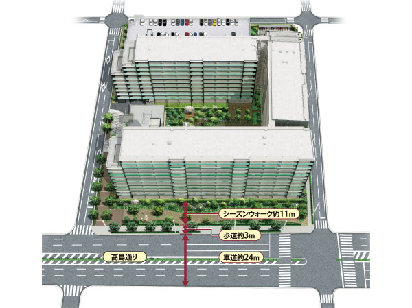 Shared facilities.  [Bring comfort and moisture to the living, Green buffer zone] About width on the south side of the site 11m, By providing the season Walk up to a length of about 93m, The Juto facing the street Takashima, It was to ensure a separation distance of about 14m from the road to the terrace. More season walk, Such as the superimposed planted curved hedge and Hiradotsutsuji of Spanish mackerel, By with seasonal rich Takagi of up to 38 present to create flowers and buffer zone by the green of the (the barrier), Also with consideration to the open feeling and the privacy of the dwelling.  ※ Season walk (green square) will be public space also be utilized other than residents (building Rendering)