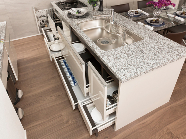 Kitchen.  [Soft-close function with slide storage] You can suppress the unpleasant sound soften the impact when closing the door.