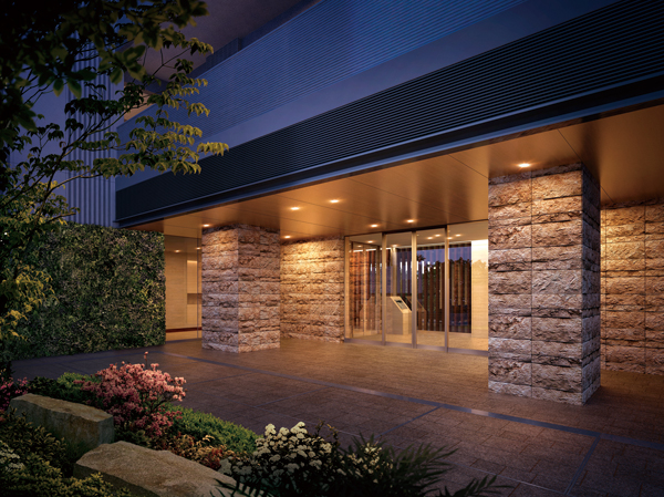 Shared facilities.  [Attract visitors, Expressive entrance] It is composed of the heavy texture of natural stone, Entrance with a calm stately, Welcome you proud of the people who visit. Take the periphery of the city and distance by instal the approach from the road, The land of Yingbin surrounded by a lot of trees and green, The atmosphere with around has produced its own space in which different. (Rendering)