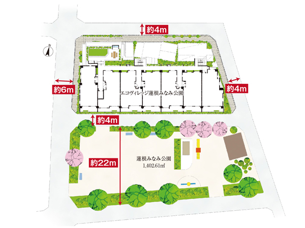 Surrounding environment. Born in all units facing south to the central location of the four-way corner lot with views of the park to the building south. (Site layout conceptual diagram)