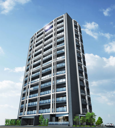 Buildings and facilities. The ground floor 15 ・ Born in Total units 58 units "Adenium Oyama-cho". Designer's apartment wearing a monotone color. (Exterior view)