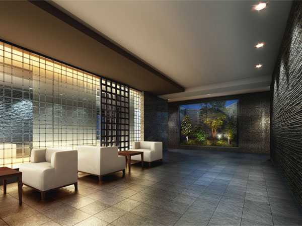 Buildings and facilities. Design wall that becomes the accent of the entire hall, Combined with the thick line of the lattice and the thin line of the grid, It has been designed to produce a three-dimensional effect. (Entrance Hall Rendering)