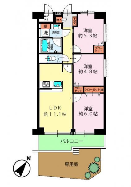 Floor plan. 3LDK, Price 26,900,000 yen, Occupied area 60.32 sq m , Balcony area 7.56 sq m