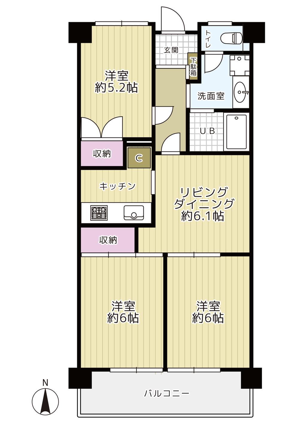 Floor plan. 3DK, Price 23.5 million yen, Occupied area 58.86 sq m , Balcony area 9.72 sq m
