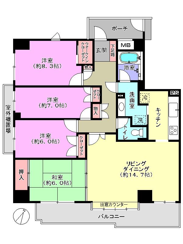 Floor plan. 4LDK, Price 41 million yen, The area occupied 107.1 sq m , Balcony area 14.48 sq m