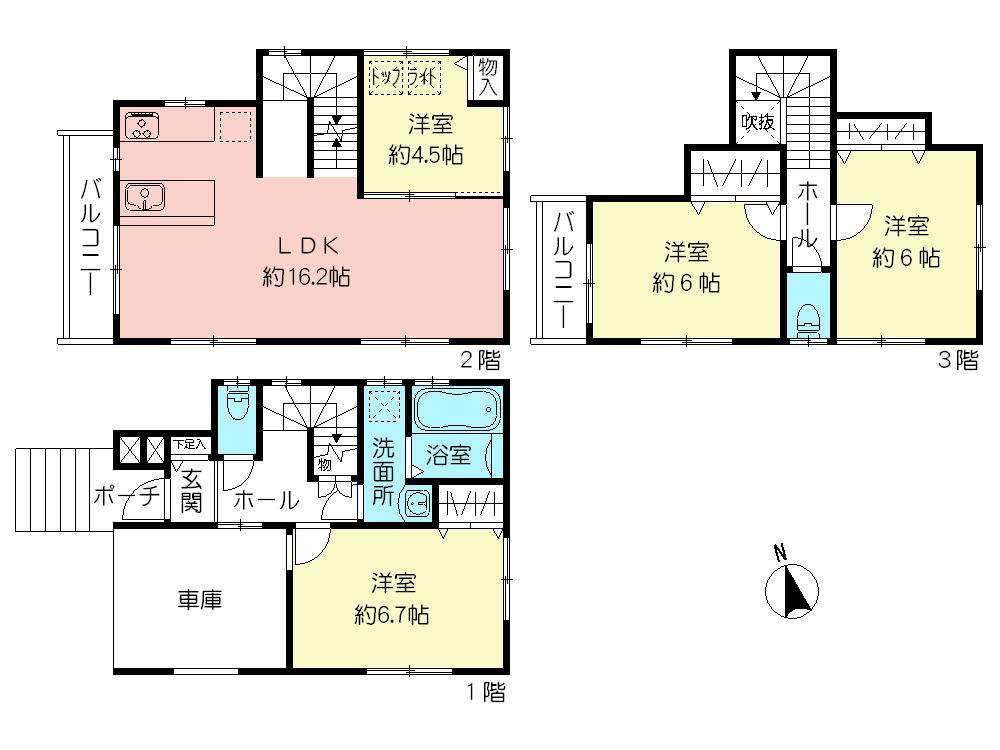 Floor plan. (3 Building), Price 47,500,000 yen, 4LDK, Land area 63.8 sq m , Building area 99.9 sq m
