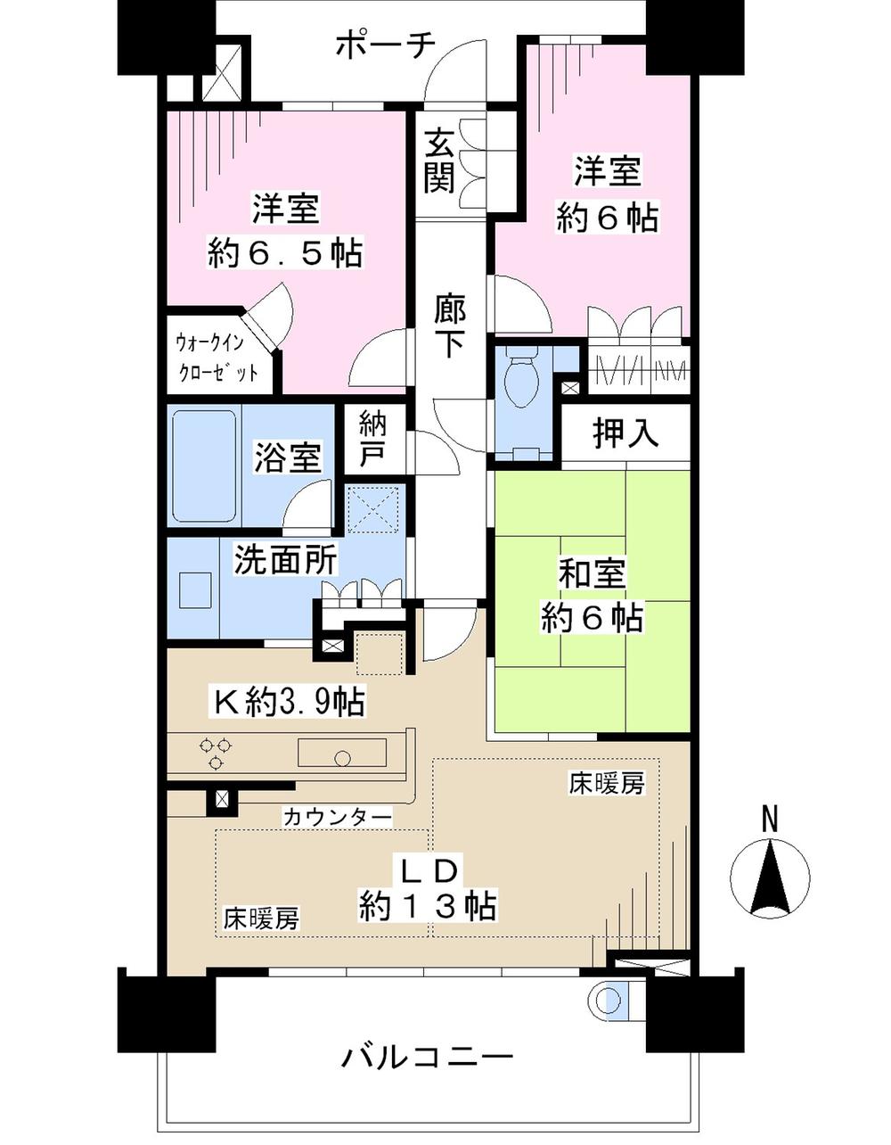 Floor plan. 3LDK, Price 44,800,000 yen, Occupied area 80.81 sq m , Balcony area 13.8 sq m