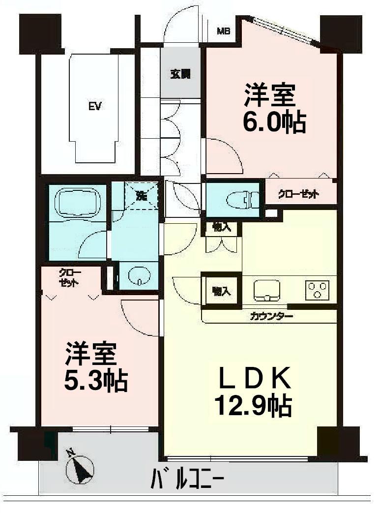 Floor plan. 2LDK, Price 23,700,000 yen, Footprint 55.3 sq m , Balcony area 7.53 sq m