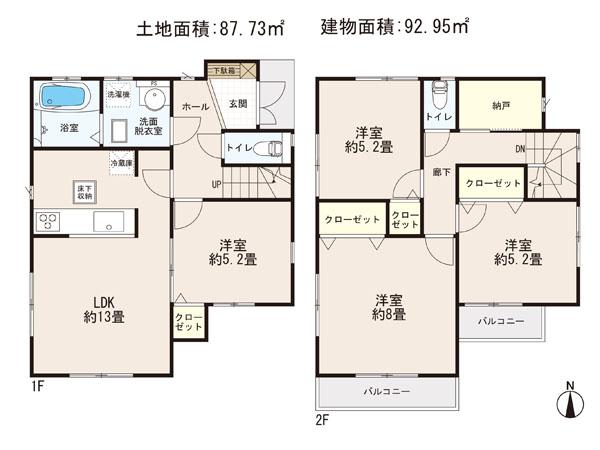 Floor plan. 37,800,000 yen, 4LDK + S (storeroom), Land area 87.73 sq m , Building area 92.95 sq m
