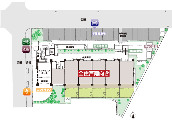 Features of the building.  [Site planning in pursuit of comfort and comfort] Achieve a safe, secure and smooth flow line by dividing the entrance of people and vehicles. Also it gives a healing to those who dwell planting is planted everywhere. (Site layout concept illustration)